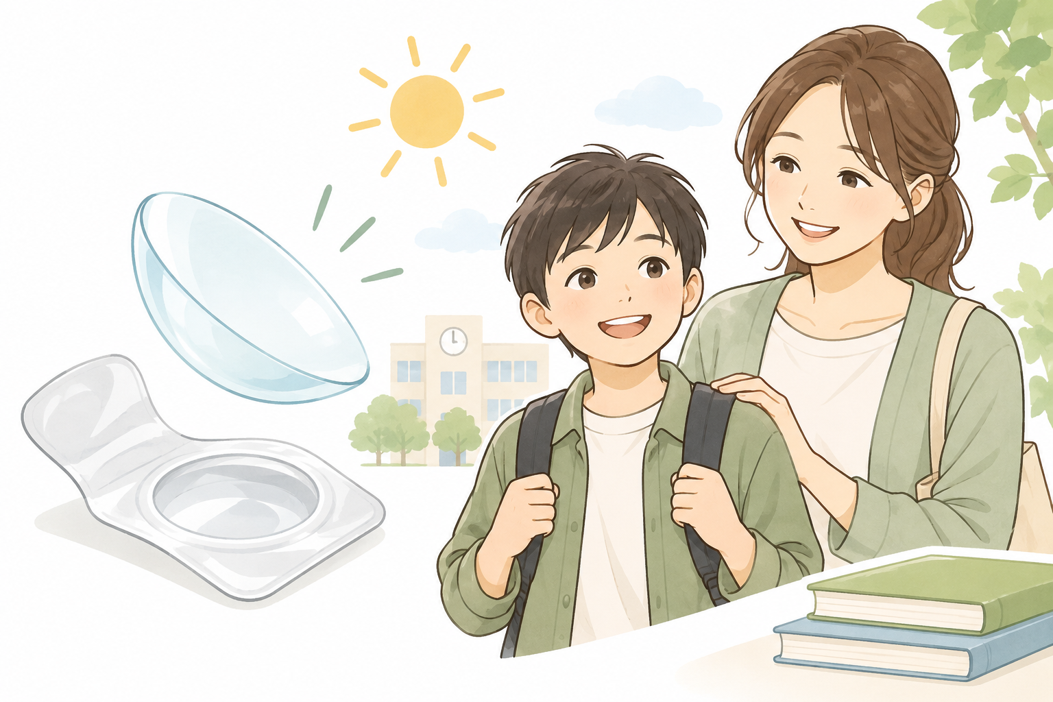 ソフトコンタクトレンズと子ども・保護者の説明用イラスト