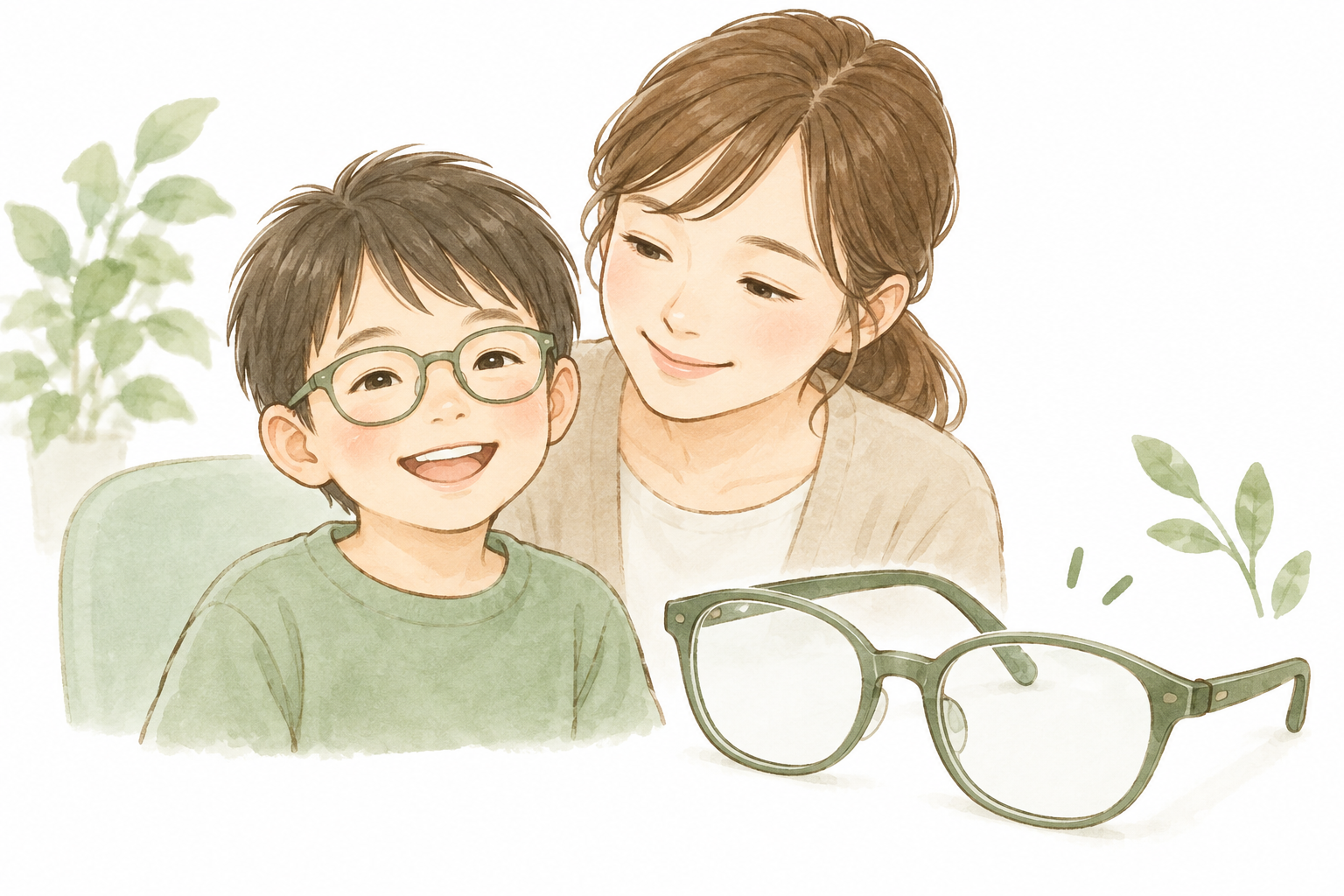 眼鏡をかけた子どもと保護者の説明用イラスト