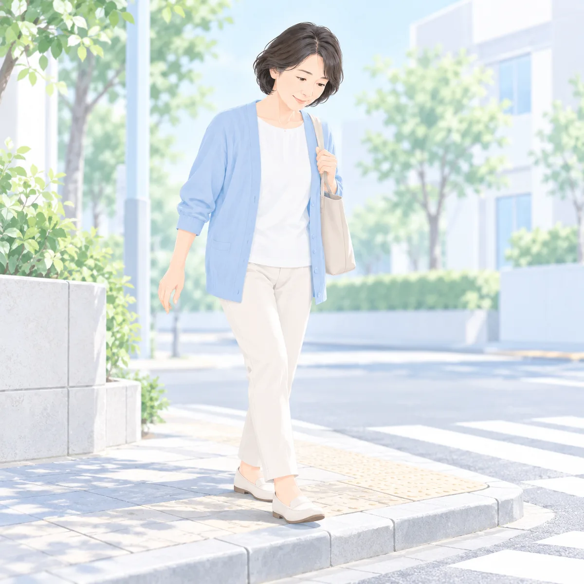 日中の街角をゆっくり歩く女性のイメージ
