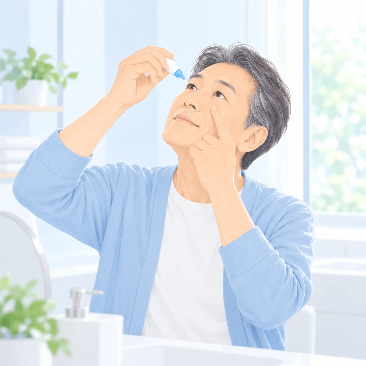 洗面所で点眼する男性のイメージ