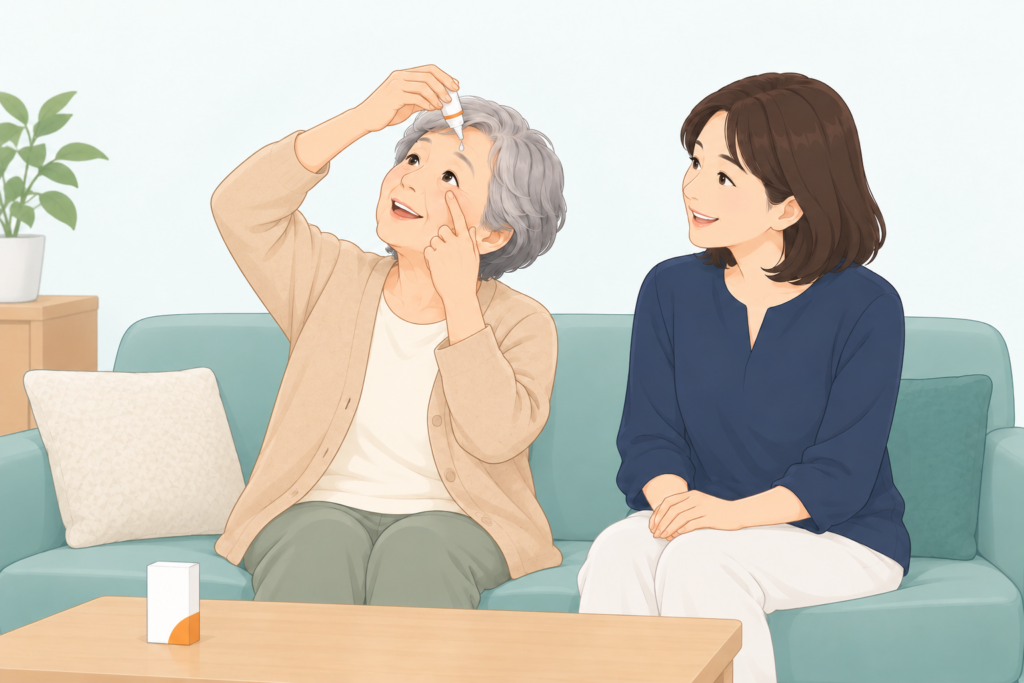 自宅で術前の目薬をさしている様子