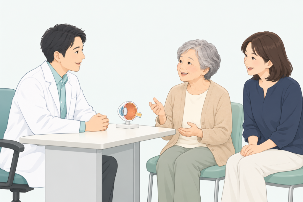 初診で医師が患者さんとご家族の話を聞いている様子
