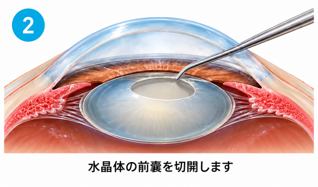 手術の手順：袋の前面を丸く開ける
