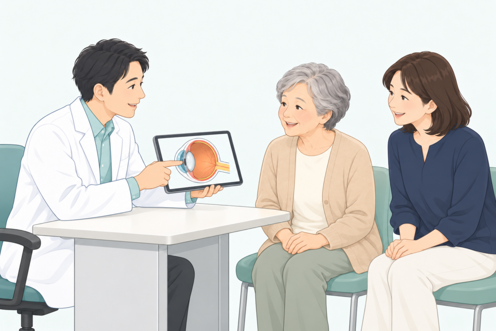 医師がタブレットで検査結果と手術内容を説明している様子