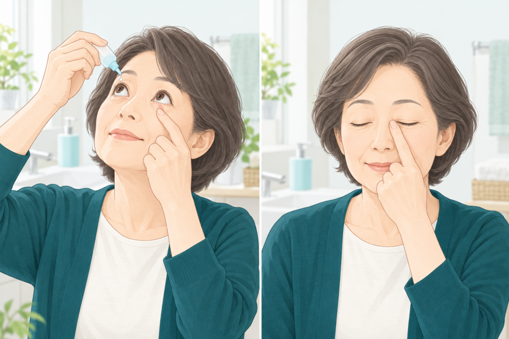 目薬を1滴さし、目を閉じて目頭を押さえる様子