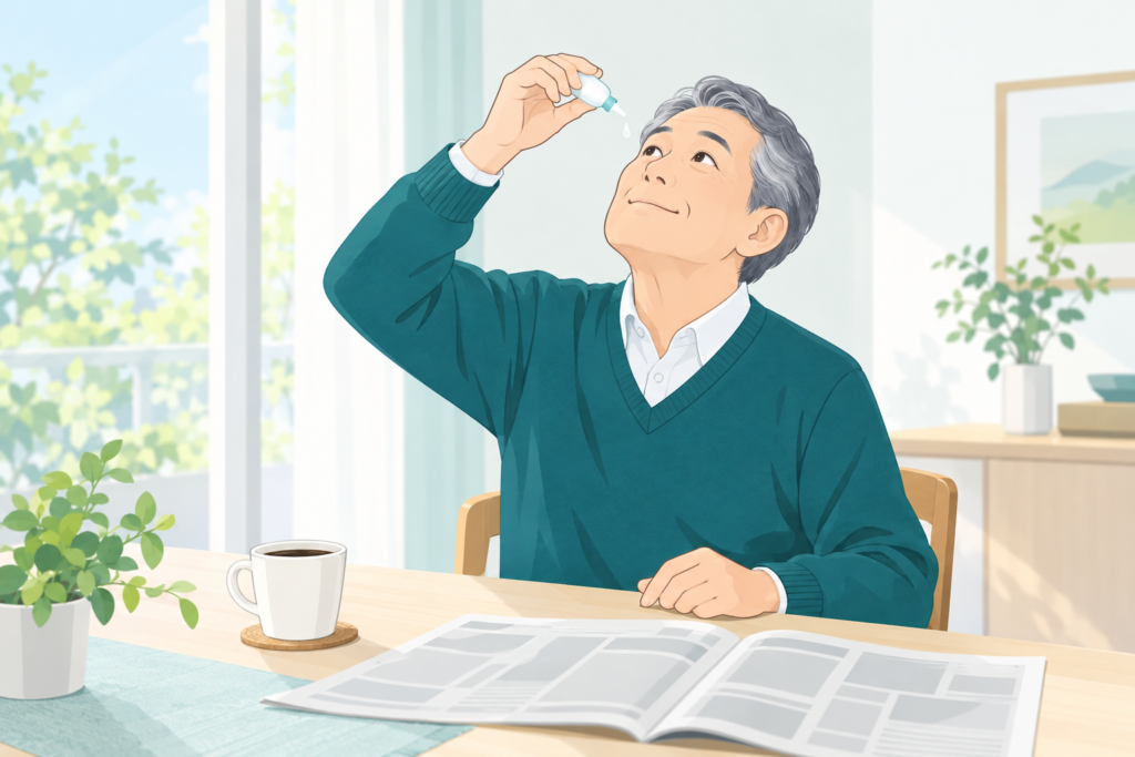 朝の食卓で目薬をさす男性