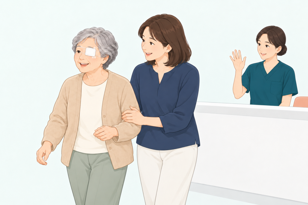 手術を終えて眼帯をつけ、ご家族と帰宅する様子