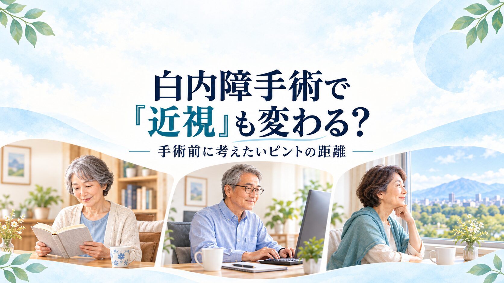白内障手術で「近視」も変わる？手術前に考えたいピントの距離。読書・パソコン・遠くを見る生活場面のイメージ。