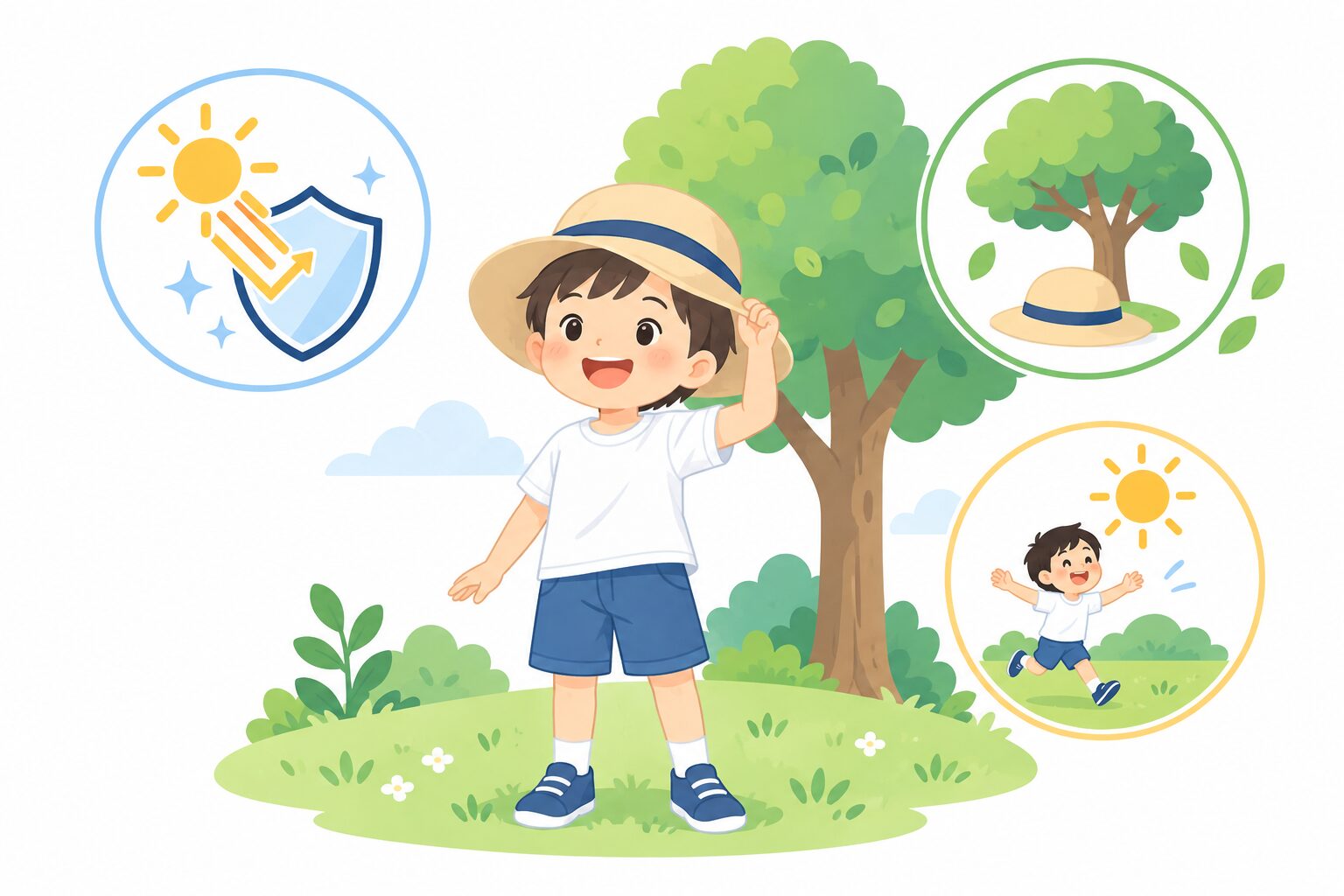 帽子や日陰を利用しながら屋外で過ごす子どものイラスト