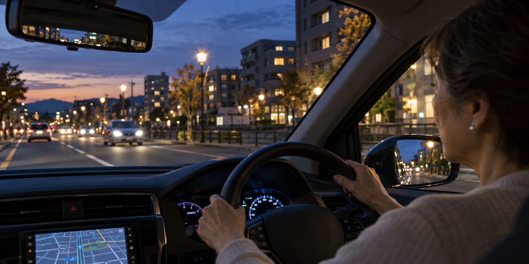 夕方の市街地を車で運転する様子。対向車のライトが見える
