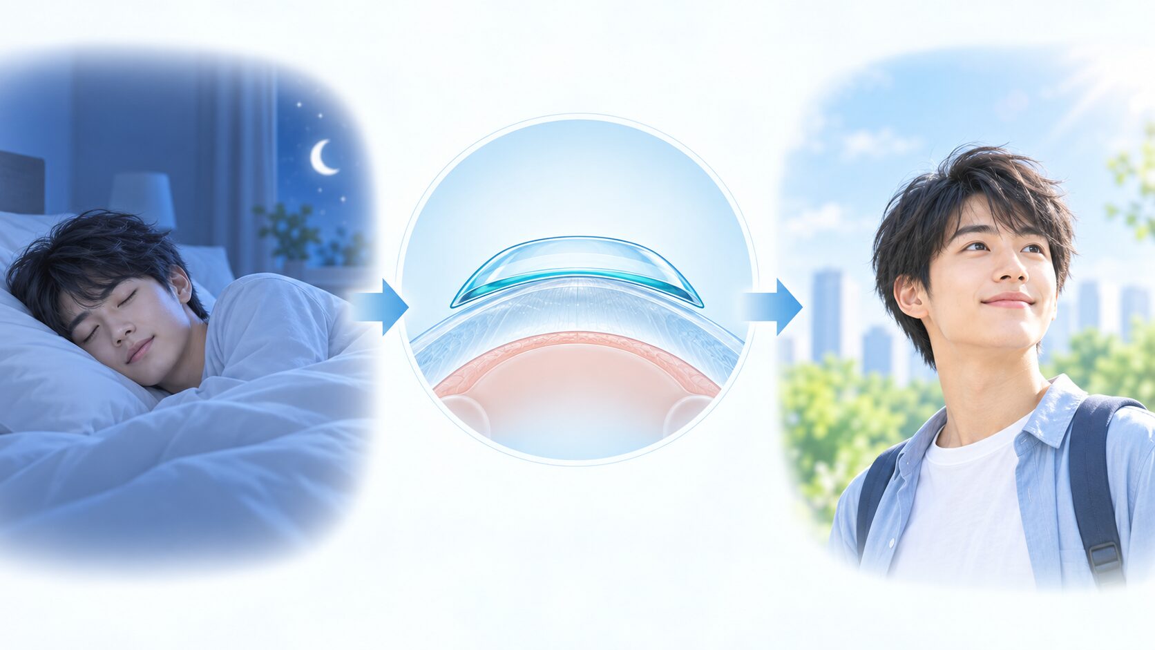 オルソケラトロジーの夜間装用から日中の見え方までのイメージ