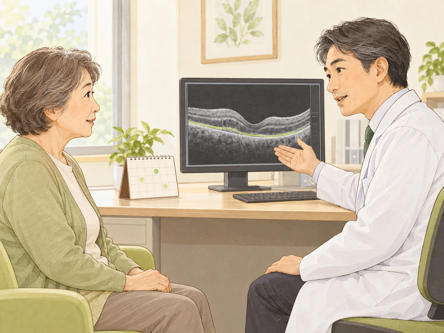 患者さんと医師が検査画像を見ながら治療について相談するイラスト