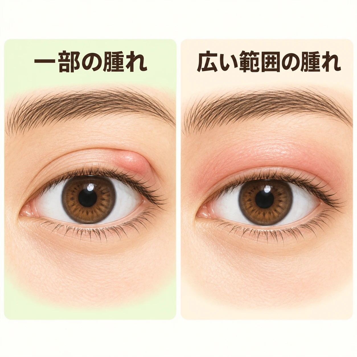 まぶたの一部分に小さな腫れがある状態と、まぶたの広い範囲が赤く腫れた状態を比べる医療イラスト。