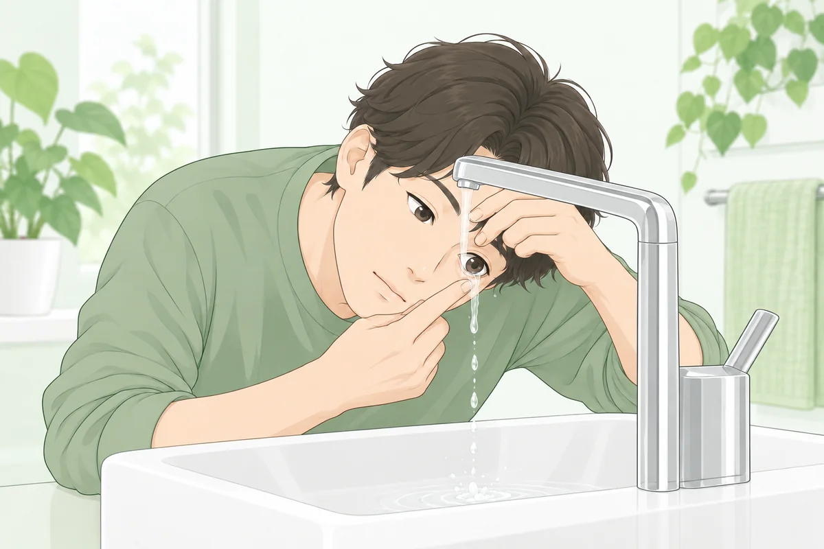 洗面台で、流水を目に当てて洗い流している人のイラスト。