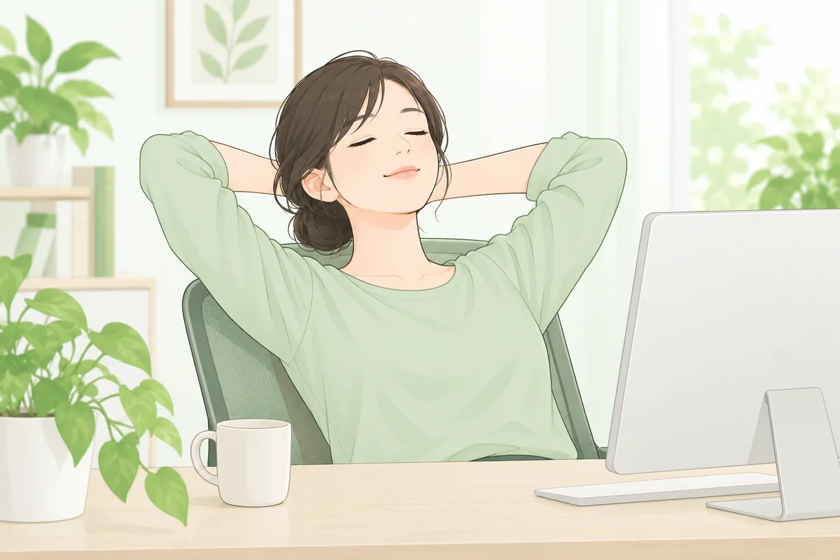 パソコン作業の合間に画面から目を離し、目を閉じて休んでいる人のイラスト。