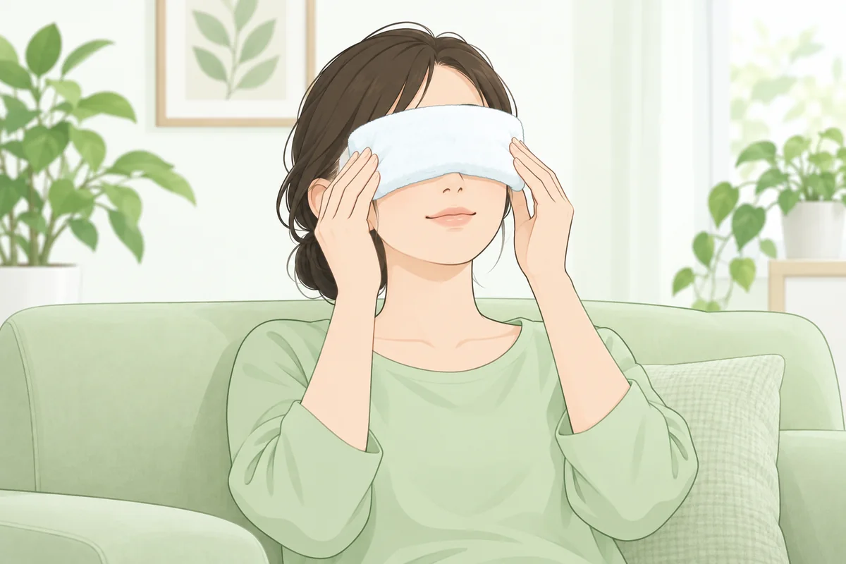 閉じたまぶたに、冷たいタオルをそっと当てている人のイラスト。