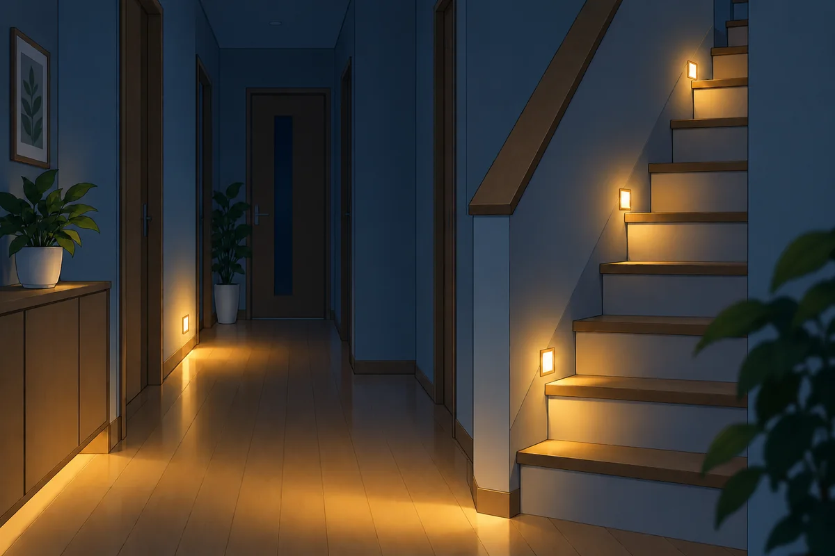 足元灯で照らされた夜の廊下と階段のイラスト。