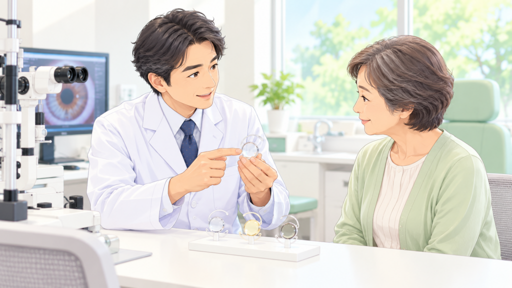 診察室で医師から眼内レンズの説明を受ける女性のイメージ