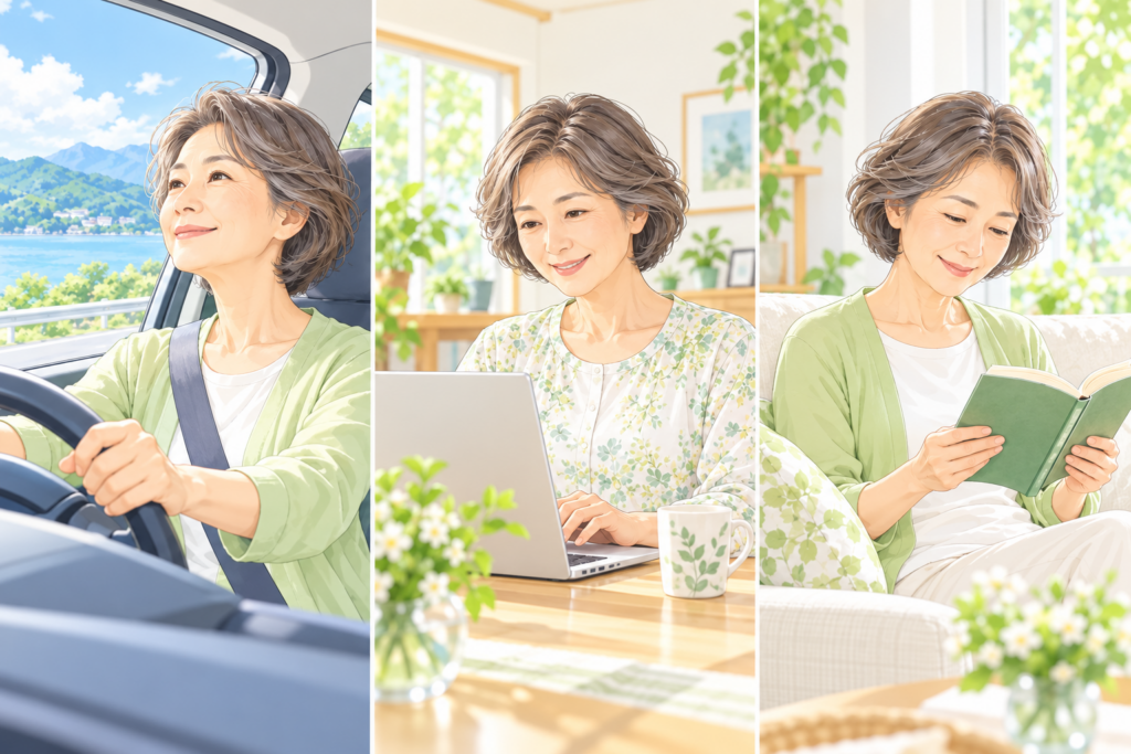 運転で遠くを見る、パソコンで中間を見る、本を手元で読む、60代女性の3つの場面