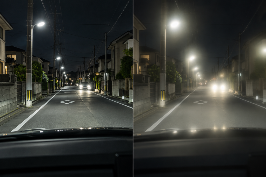 夜間の運転時の見え方の比較。左は光がくっきり見え、右は街灯や対向車のライトのまわりに光の輪とにじみが出ている