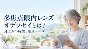多焦点眼内レンズ「オデッセイ」の見え方の特徴と臨床データを紹介する記事。読書をする女性のAIイメージ。