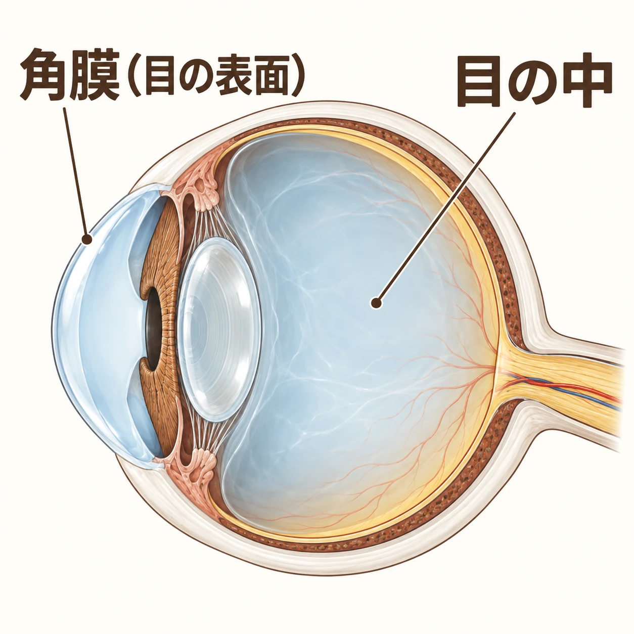 角膜、茶色い虹彩、水晶体、目の内部の位置関係を示す眼球の断面模式図。