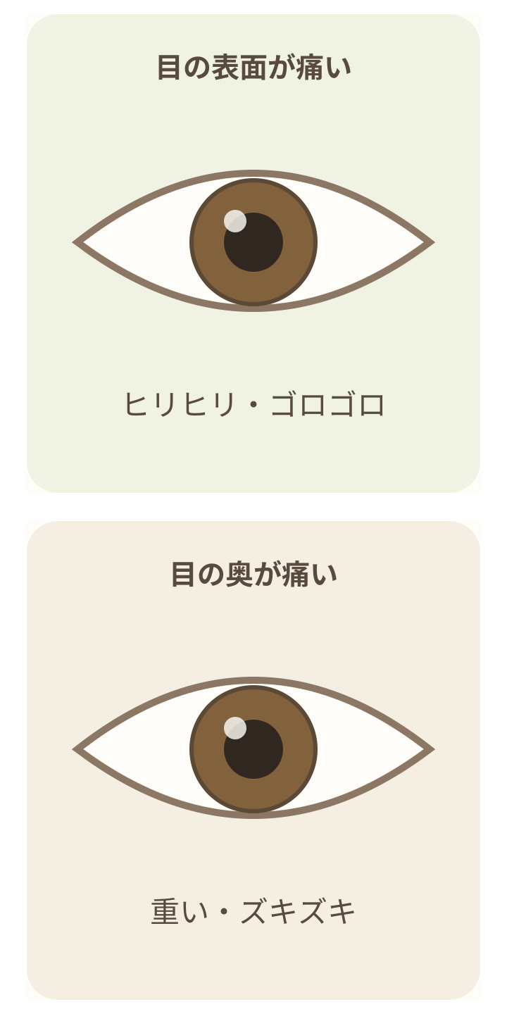茶色い虹彩の目を使い、目の表面の痛みと目の奥の痛みを区別して伝えるための模式図。