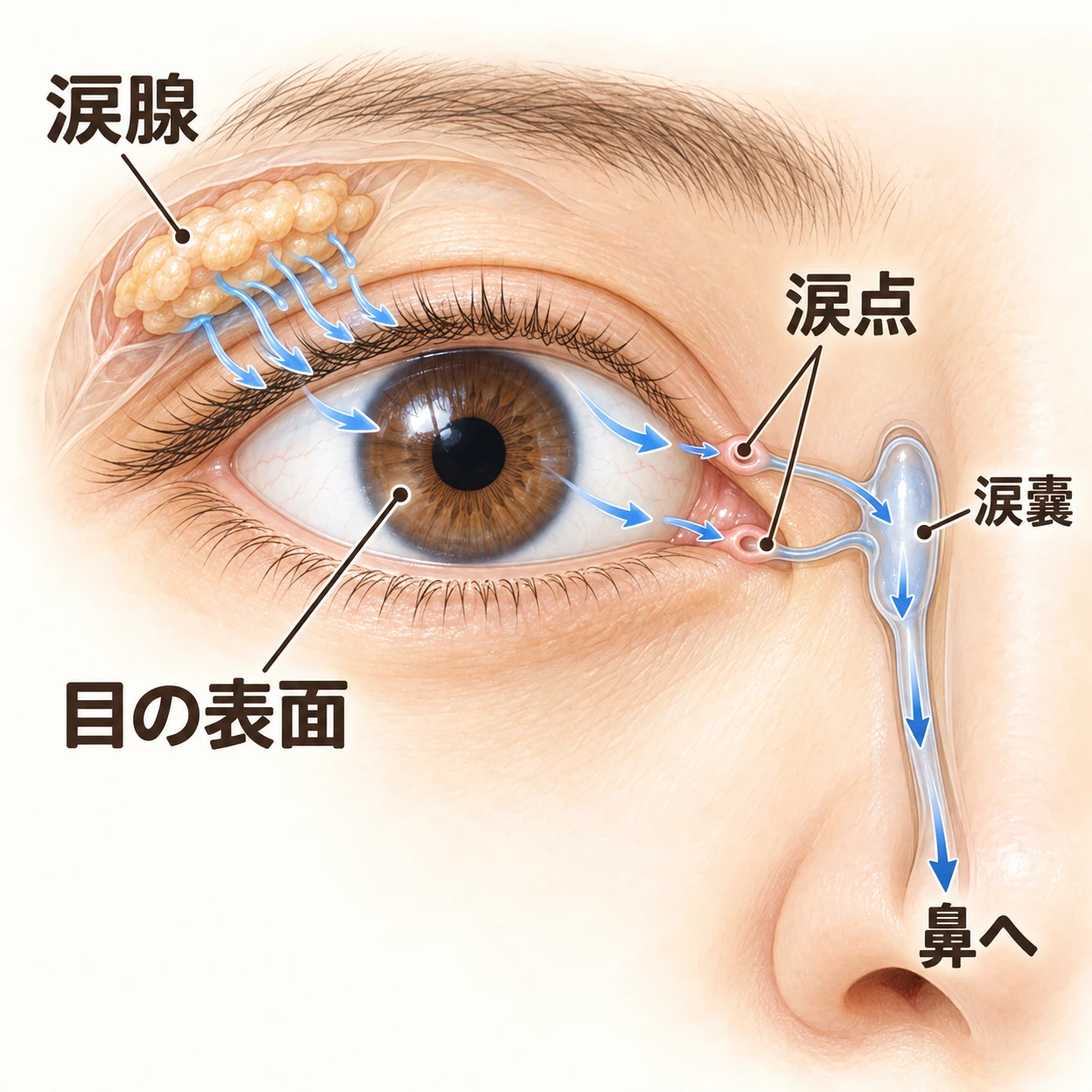 上外側の涙腺から出た涙が目の表面を通り、目頭の上下の涙点、涙嚢、鼻へ流れる様子を示す模式図。
